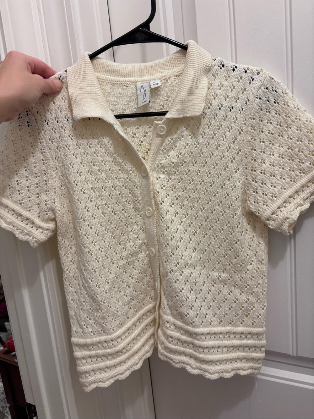 Joie Cream Eyelet Knit Button-Front Short-Sleeve Cardigan